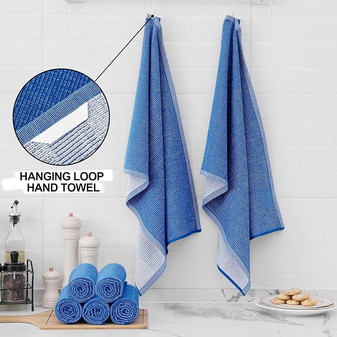 Homaxy Premium Kitchen Towels(18”x 28”, 3 Pack), Large Cotton Kitchen Hand Towels, Flat and Terry Dish Towels, 380 GSM Highly Absorbent Tea Towel Set with Hanging Loop, Blueberry