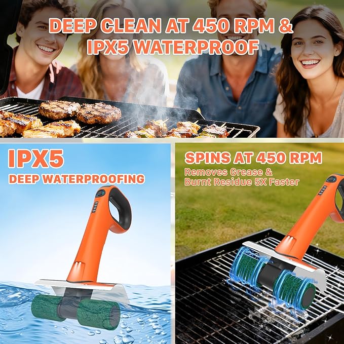 Hillyfe Electric Grill Brush, Bristle-Free Dual Rotating Heads, 450 RPM with LED Light, 120-Minute Runtime, IPX5 Waterproof, 4 Scouring Pads, Extended Handle, Safe for All Kinds of BBQ Grills, Orange
