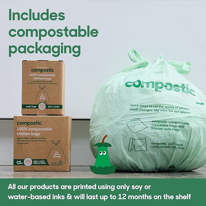 Compostic Compostable Trash Bags, 3 Gallon Small Bathroom & Office (100 Count) Bulk Pack — Extra Strong, Home Compostable, Plant-Based, Non-Toxic Garbage Bags