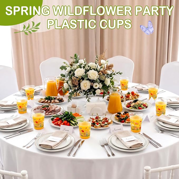 Qinyoung 50 Pcs Plastic Cups 12oz Disposable Cups Bulk Drinking Cup for Cold Drinks Baby Shower Wedding Birthday Valentine's Day Party Supplies (Wildflower)