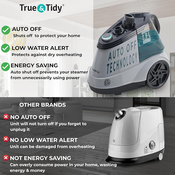 True & Tidy® Heavy Duty Auto Shut-off Commercial Garment Steamer, Smart Water Sensor w/Beep Alert, 3 Steam Settings, XL 3L Tank, 1800 watts, 90+min of Continuous Steam for Home and Commercial Use