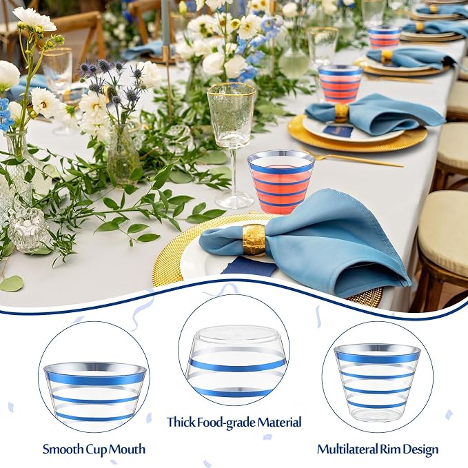 Gejoy 9 oz 100pcs Graduation Rimmed Stripe Plastic Cups Bulk Disposable Wine Hard Plastic Drinking Cocktail Cups Tumblers for Graduation Wedding Gathering Party Supplies(Blue)