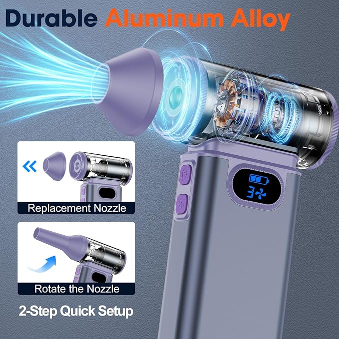 Metal Electric Compressed Air Duster, 300000RPM High Speed Rechargeable Air Blower&Pump for Leaf Blower with Digital Display, 4-Speed Modes-Brushless Motor Mini PC Dust Cleaner with Light(Silver)