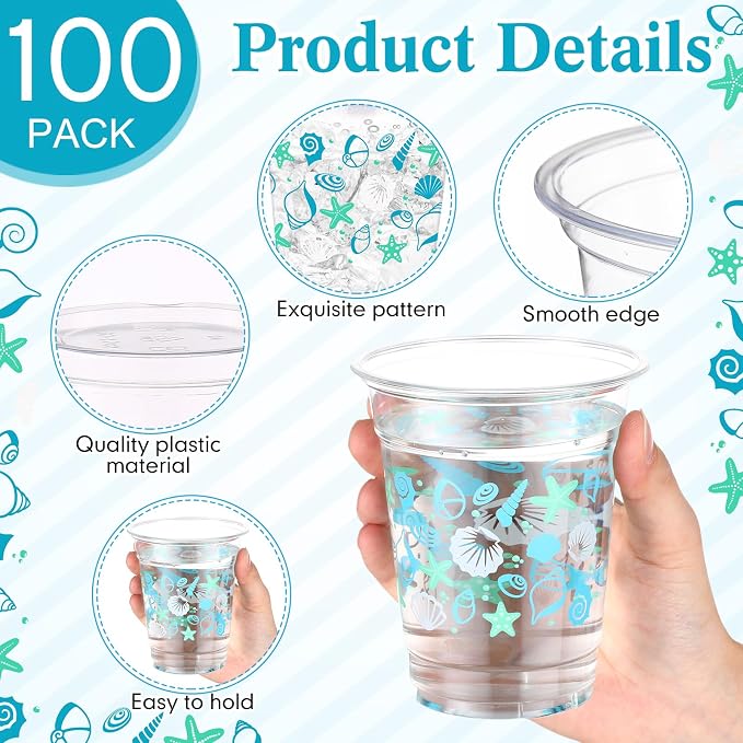 100 Pcs Seashell Plastic Cups 12 oz Summer Beach Starfish Disposable Plastic Drinking Cups Bulk for Under the Sea Ocean Pool Birthday Wedding Bridal Baby Shower Party Decoration Supplies
