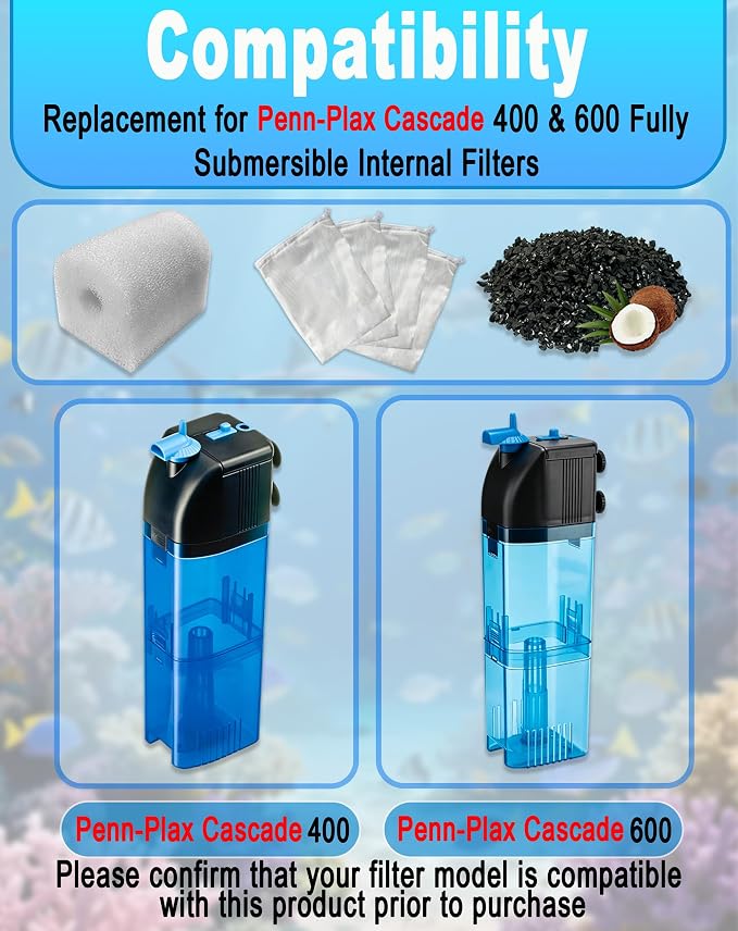 12 Pack Aquarium Filter Media Replacement for Penn-Plax Cascade 400 ＆ 600 Fully Submersible Internal Filter, Includes Carbon Filters, Foam Filters & Mesh Bags for Freshwater and Saltwater Aquariums
