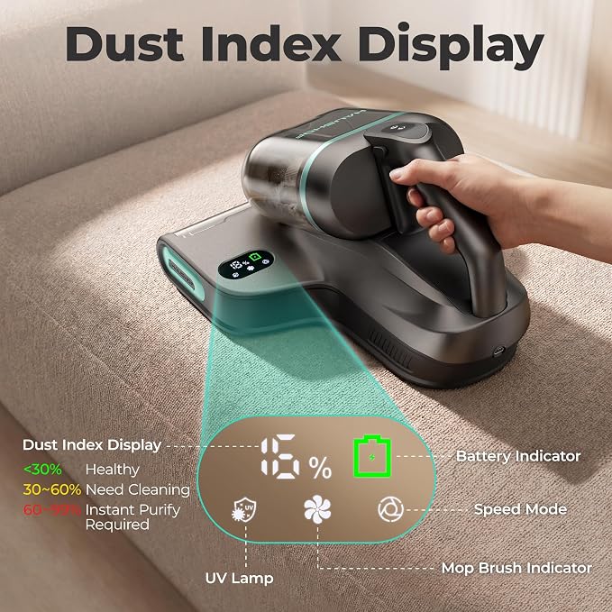 HAUSHOF Cordless Mattress Vacuum Cleaner, Bed Vacuum Cleaner with 275nm UVC Light, 17kPa, 140°F Heat, H12 HEPA Filter, 16.9oz Dual Cup, Vacuum for Couch, Bed, Furniture, Mattress Cleaning