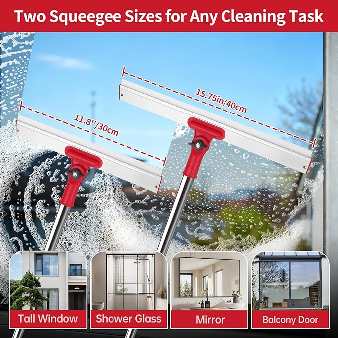 86.6" Window Squeegee Cleaner Tool, 2-in-1 Rotatable Window Washing Kit with Extension Pole & Bendable Head, Professional Glass Cleaning Equipment for High Indoor/Outdoor Windows & Car
