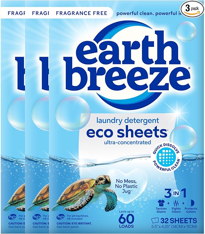 Earth Breeze Laundry Detergent Sheets Fragrance-Free - 180 Loads Eco Liquidless Soap - Travel-Friendly for Hot & Cold Cycles, Tackles Tough Stains & Odors - Gentle on Sensitive Skin, 90 Ct (3 Pack)