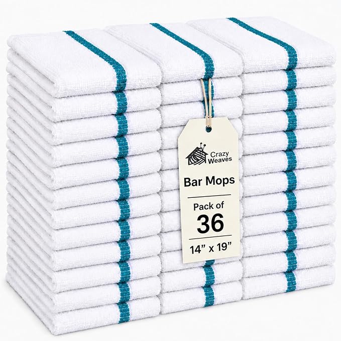 Bar Mops Pack of 36 (14" x 19") - 100% Cotton Cleaning Rags for Housekeeping - Thick, Absorbent & Reusable Bar Towels for Cleaning House & Restaurant - Kitchen Towels Bulk (Green Stripe)