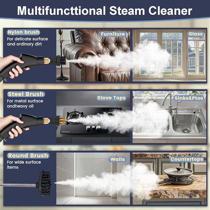 Portable High-Pressure Handheld Steam Cleaner, 14-Piece Accessories, 6 Steam Levels, 15s Heat-Up,chemical-free Cleaning Tile, Grout, Dirt, Grease & Car Detailing-Black