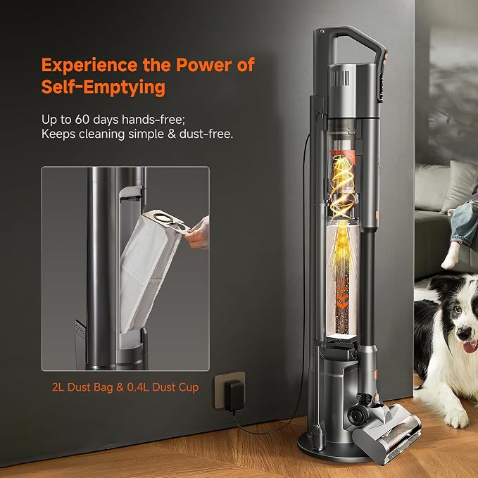 uwant V500 Cordless Vacuum Cleaner with Auto Empty&Auto Dust Scrap System, 7-Layer HEPA Filtration, Anti-Tangle Brush, Stick Vacuum for Pet Hair, Hard Floors, Carpet，Grey