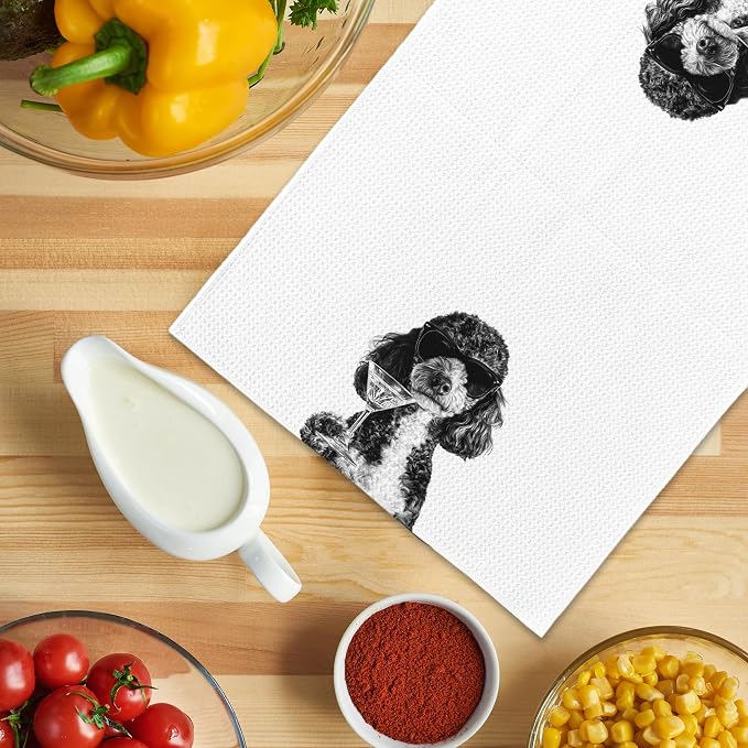 Funny Poodle Cocktail Kitchen Towels, Gifts for Dog Wine Lovers, Bar Accessories Dish Tea Towels for Kitchen, Dog Owners Housewarming Gift Decorative Hand Towel 16x24 Inch