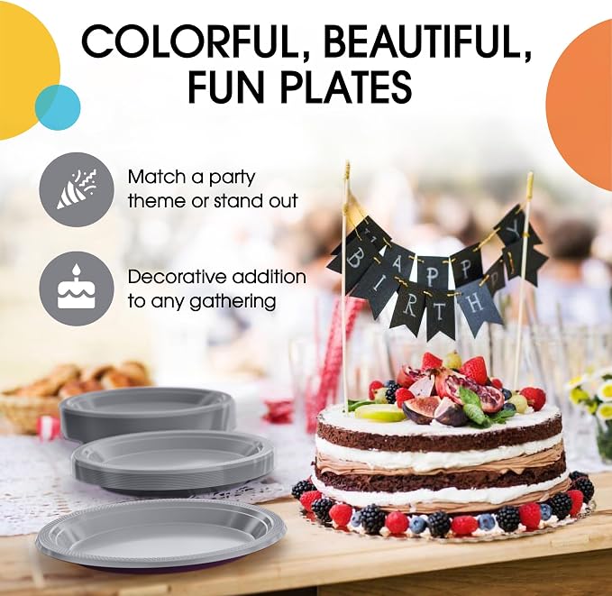 Exquisite Party Solids Silver Plates Disposable Silver Plastic Plates 100 Pieces - 50-7" & 50-9" Heavy Duty 350 GSM Disposable Dinnerware Sets, Plastic Dinnerware Sets