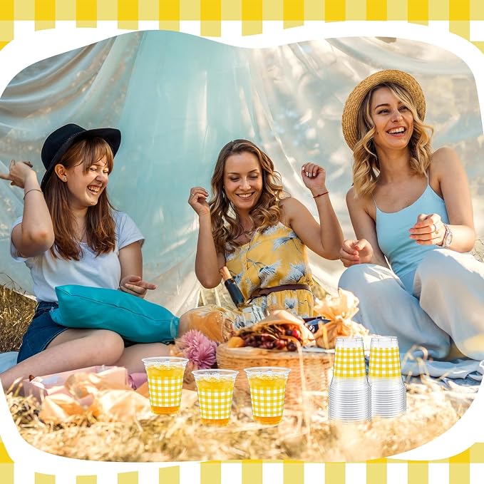 Qinyoung Checkered Plastic Cups 12oz Gingham Party Disposable Cups Bulk Drinking Cup for Cold Drinks Baby Shower Wedding Summer Birthday Party Supplies(Yellow and White,50 Pcs)