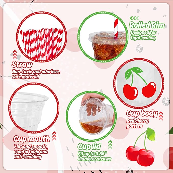Whaline 50 Pcs 12 Oz Cherry Disposable Plastic Cups with Lids and Straws Cute Red Cherry Cold Beverage Drinking Cups Summer Cherries Party Cup for Bridal Engagement Birthday Baby Shower Party Supplies