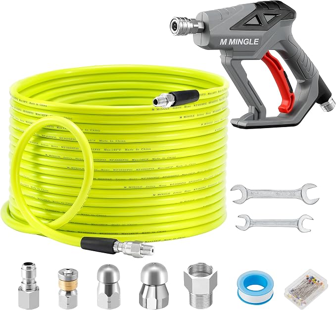 M MINGLE Sewer Jetter Kit for Pressure Washer 150 FT, Drain Cleaner Hose with Power Washer Gun, 1/4 Inch NPT Corner Rotating and Button Nose Sewer Jetting Nozzle, Orifice 4.0, 4.5