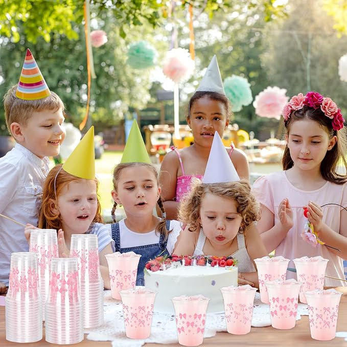 FYSUIMU 100Pcs Pink Bow Disposable Plastic Cups 12Oz Lovely Ribbon Bow Cold Beverage Drinking Cup for Wedding Birthday Bridal Shower Bachelorette Party Supplies