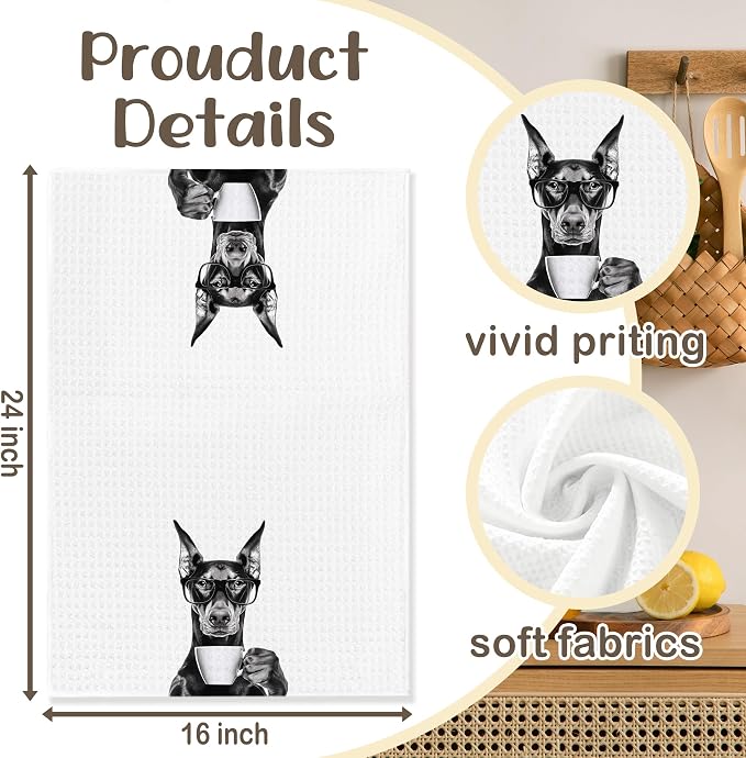 Funny Doberman Kitchen Towels, Dog Kitchen Accessories, Dog Chef Gifts for Women Decorative Hand Towels for Kitchen Decor, Coffee Lovers Gifts Dish Tea Towel, 16x24 Inch