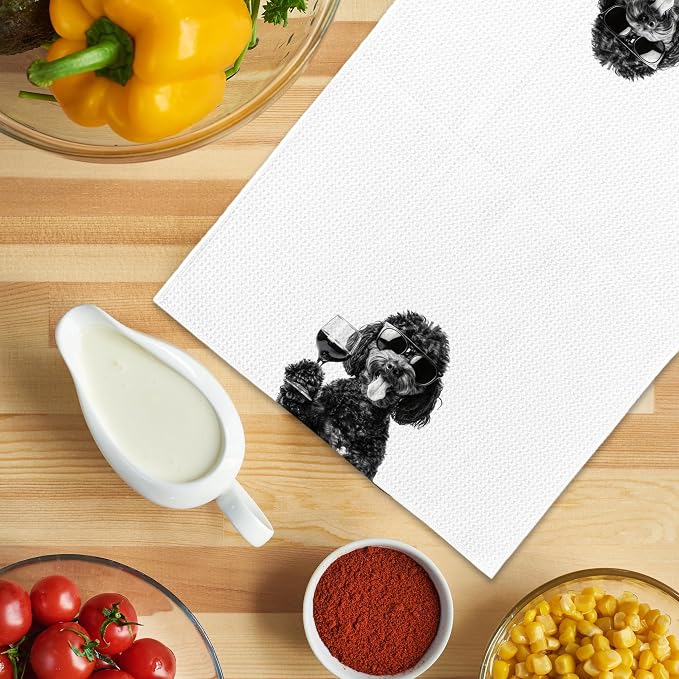 Funny Black Labradoodle Wine Kitchen Towels, Gifts for Dog Wine Lovers, Bar Accessorie Dish Tea Towels for Kitchen, Dog Owners Housewarming Gift Decorative Hand Towel 16x24 Inch