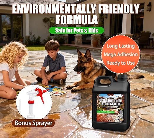 Wet Look Stone Sealer - 1 Gal Ultra Gloss Paver Sealer Stone Color Enhancer Concrete Sealer with Long-Lasting Gloss Protection, Stain Proof for Interior and Exterior Slate, Driveway, Floor, Standstone