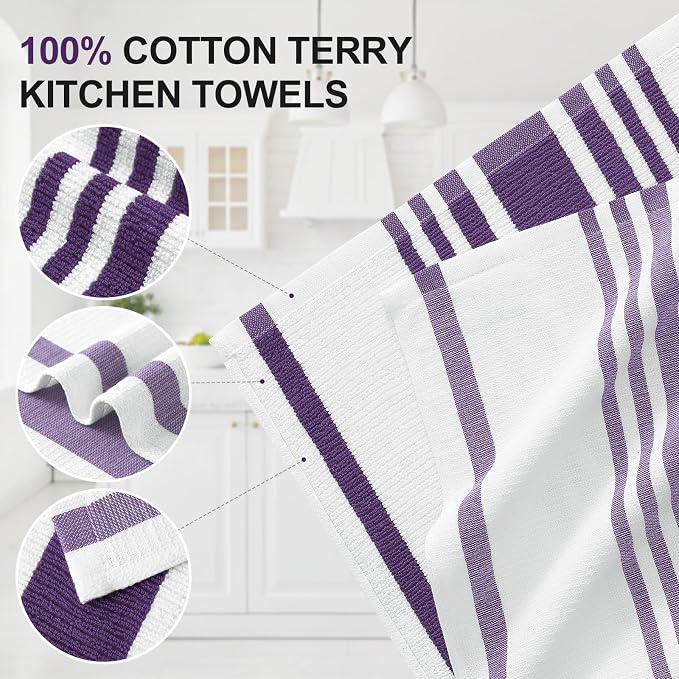 Homaxy Premium Kitchen Towels 18”x 28”, Large Cotton 380 GSM Kitchen Hand Towels, Stripe and Terry Dish Towel, Highly Absorbent Tea Towel Set with Hanging Loop, 8 Pack, Purple