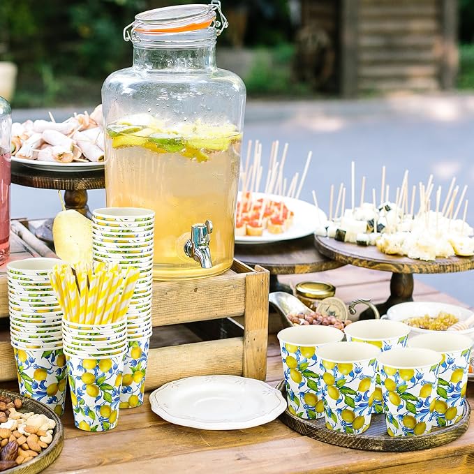 Tessco 150 Pcs 50 Sets Capri Lemon Paper Cups with Lids and Straws - 12 oz Blue Tiles Italian Lemon Cold Cups for Amalfi Coast Party, Bridal Shower, Wedding Supplies