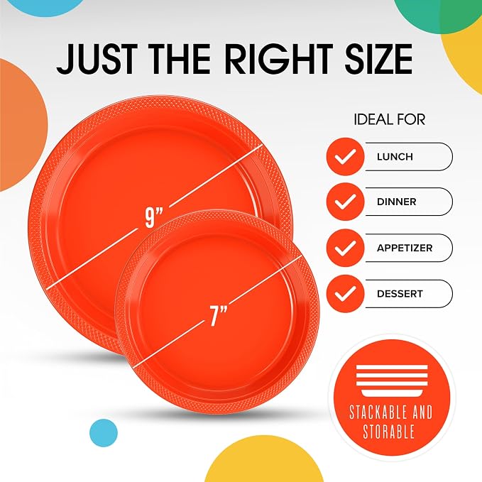 Exquisite Party Solids Orange Plates Disposable Orange Plastic Plates 100 Pieces - 50-7" & 50-9" Heavy Duty 350 GSM Disposable Dinnerware Sets, Plastic Dinnerware Sets