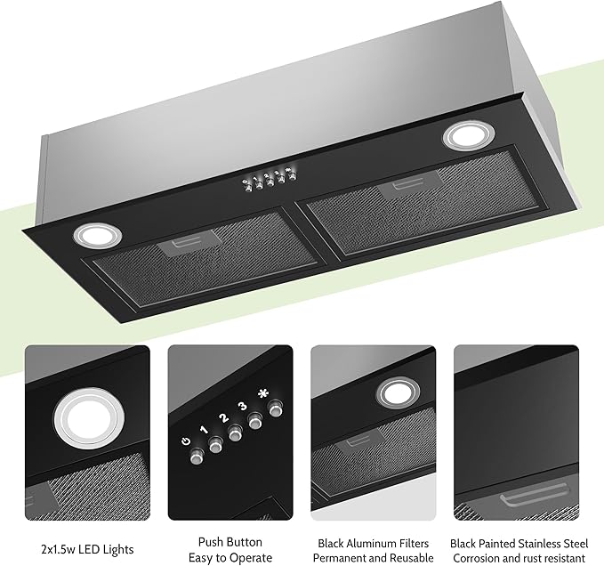 FIREGAS Black Range Hood 28 Inch, Built-in Kitchen Vent Hood with 450 CFM, 3 Speed Exhaust Fan, 2 LED Lights & Button Control, Ducted/Ductless Convertible