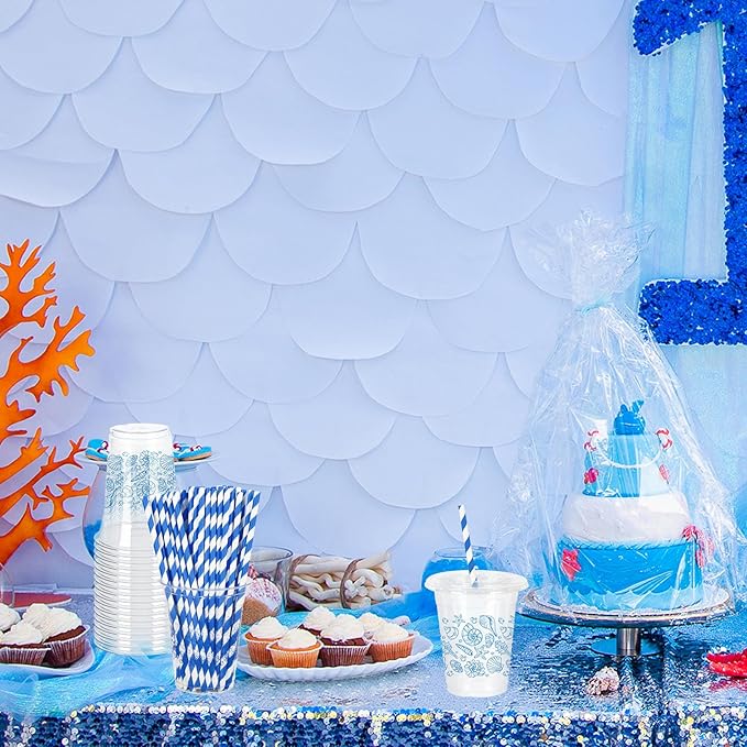 FYSUIMU 50Pcs 12Oz Blue Ocean Plastic Cups with Lids & Straws Seashell Starfish Disposable Clear Drinking Cups for Summer Beach Party Supplies