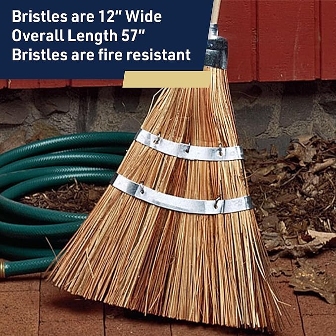 Outdoor Broom Heavy Duty 57” Broomstick with 12” Wide Brush - All Natural Water and Fire-Resistant Piassava Bristles and Wood Handle Brooms for Sweeping Indoor Garage and Garden by Kings County Tools