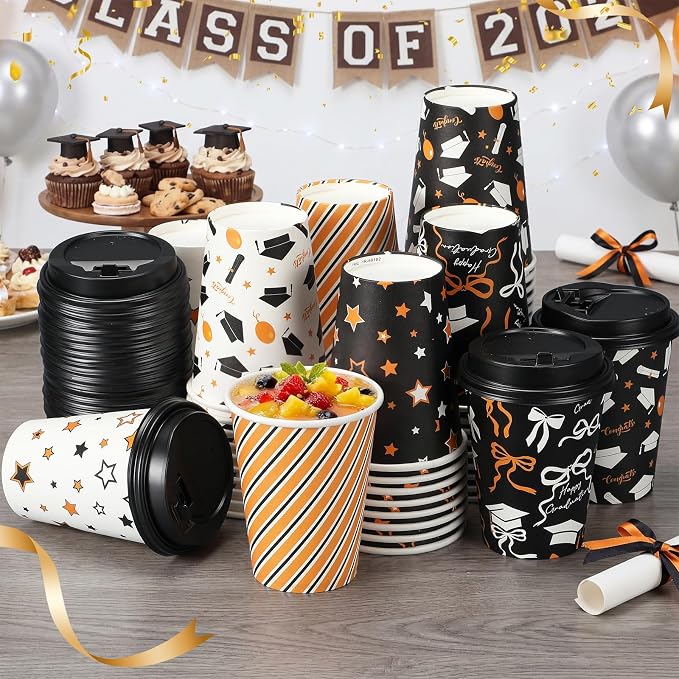 FoldTier 60 Pcs Class of 2026 Graduation Disposable Coffee Cups with Lids 12 oz Graduation Paper Cups Black White Gold Disposable Party Drinkware for Hot Cold Beverages