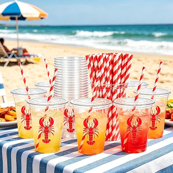 FYSUIMU 50Pcs 12 Oz Crawfish Plastic Cups with Lids & Straws Summer Crayfish Disposable Cup Red Lobster Clear Drinking Cups for Seafood Boil Theme Birthday Baby Shower Party Supplies