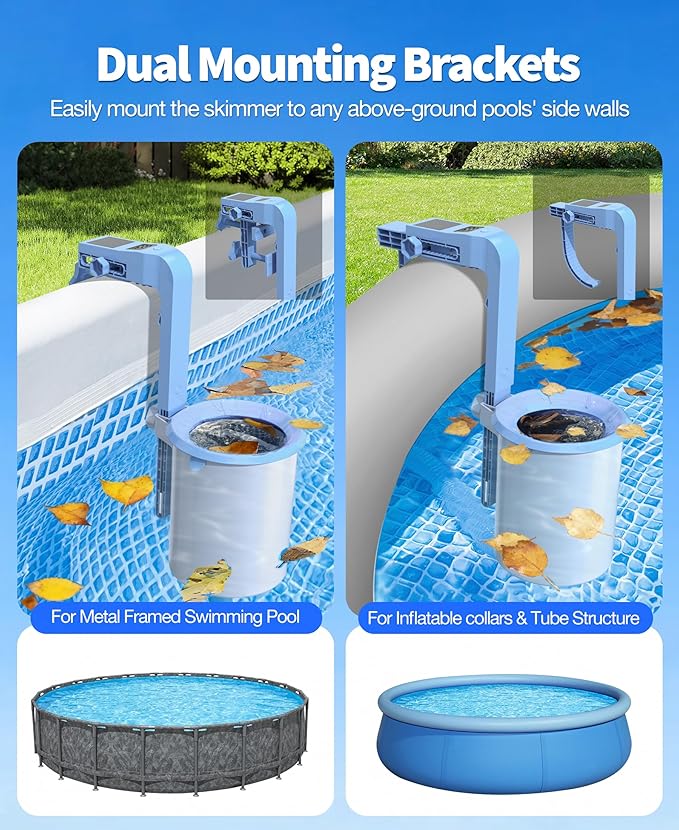 DeeprClean Newly Above Ground Pool Skimmer with Solar Digital Thermometer, Wall Mount Surface Skimmer with Adjustable Height Bracket, Auto Skimming for Pool Surface Floating Leaves & Debris-LightBlue
