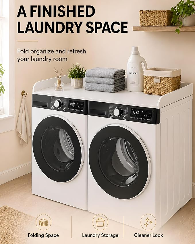 FlyGeneral Washer and Dryer Countertop, 54" Width x 27.5" Deep, White | Laundry Folding Surface for Clothes, Quick Install Design, Raised Edge Prevents Items Falling, Fits Front Load Washer Dryer
