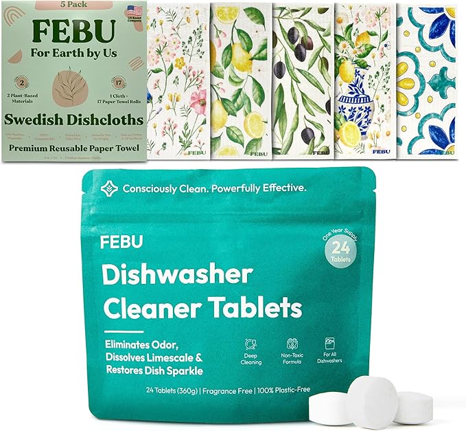 FEBU Save 15% on Swedish Dishcloth + Dishwasher Cleaner Tablets | 5 Pack Italian Summer Reusable Paper Towels + 24ct Dish Washer Cleaner Tablets
