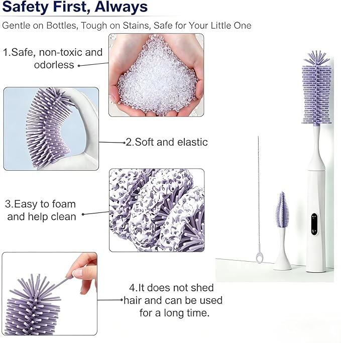 Rechargeable Electric Bottle Brush with 2 Speeds Powerful Automatic Bottle Cleaner,BPA-Free Silicone Spinning Design, Wall Mount & Straw Cleaner,Suitable for Baby Bottles & Kitchen (White+Purple)