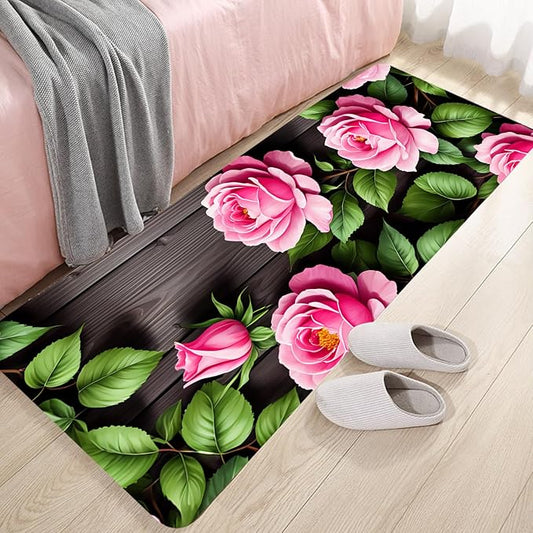 WODEJIA Non Slip Bath Rugs Sponge Foam for Bathroom,Flannel Mat Rug for Living Room, Absorbent MatS for Forlaundry Room and Kitchen,Wooden Board Flower Pattern Welcome Mat 47x18 Inches