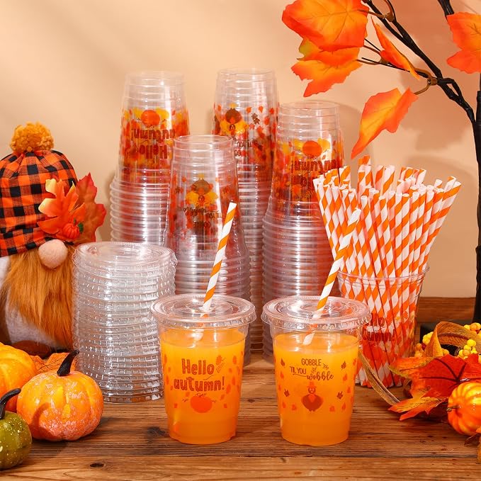 Yaomiao 300 Pcs 12 oz Thanksgiving Day Plastic Cups with Lids and Straw Fall Plastic Party Cups Thanksgiving Disposable Clear Tumbler Hello Party Turkey Pumpkin Drinking Tumbler Set for Autumn Supply