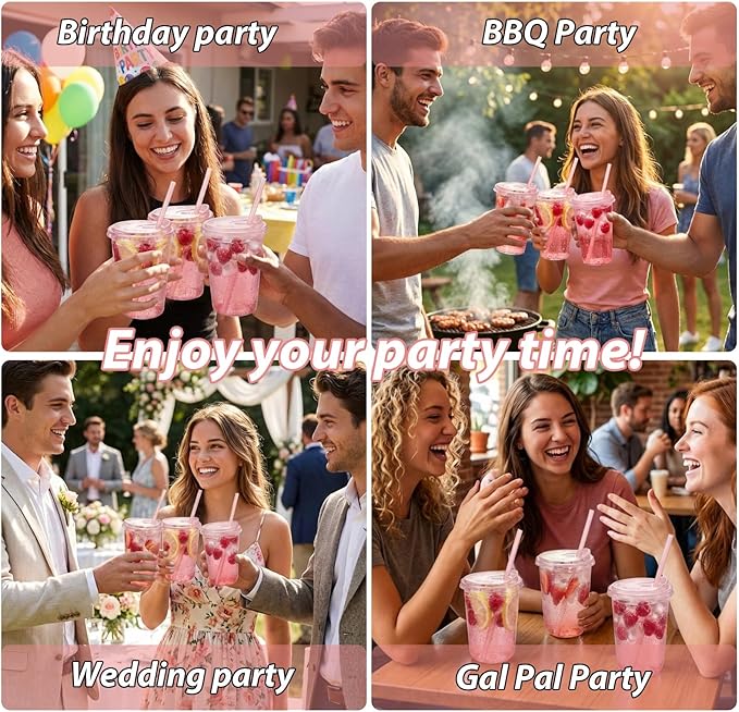 16oz Disposable Stemless Glasses With Strawless Sip Lids and Straws,PET Disposable Drinking Cups,Clear Plastic Wine Glasses for Parties Birthday,Wedding,Meeting,Party Supplies. (100, Pink)