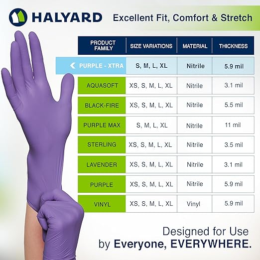 HALYARD Purple Nitrile-Xtra Exam Gloves, Sterile (Individually Wrapped), Powder-Free, 5.9 mil, 12 Inches, Purple, Medium, 14261 (Box of 100/50 Pairs)