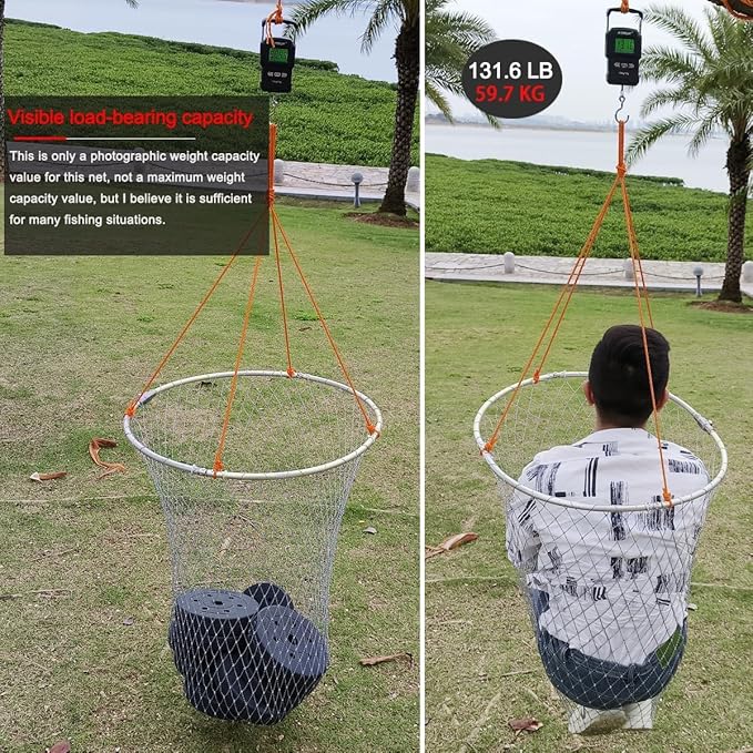 Drasry Large Collapsible Bridge Pier Fishing Net Landing Net with Rod, High Load Aluminum Ring Drop Net for Saltwater and Freshwater Pier Fishing Basket with 49.2 ft. Rope