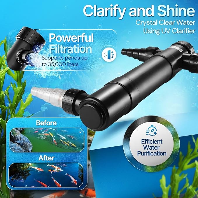 Flexzion Pond UV Lights for Outdoor Ponds - 36W Large Light, 9246-Gal Capacity, 4500L/H UV Pond Clarifier for Outdoor Ponds, Clears Water in Days (CUV-136)
