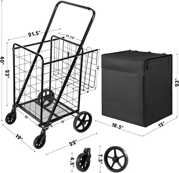 BIEAMA Folding Shopping Cart with Waterproof Liner, Grocery Cart 340 Lb | Utility Cart with Large Bag, Top Cover, 360 Rolling Swivel Wheels, Extra Basket