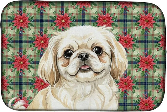 Caroline's Treasures Cream Pekingese Christmas PoinsettIas Dish Drying Mat Absorbent Dish Drying Mat Pad for Kitchen Counter Dish Drainer Mat for Countertop, 14 x 21", Multicolor