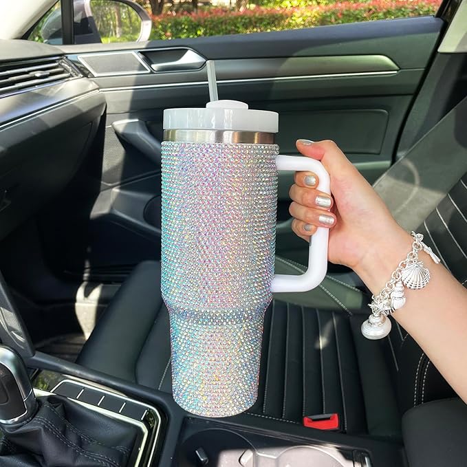 40oz Bling Tumbler with Handle and Straw Lid Rhinestone Studded Tumbler Cups Vacuum Insulated Stainless Steel Double Wall Water Bottle Travel Mug Gifts for Women Her (Polar Light)