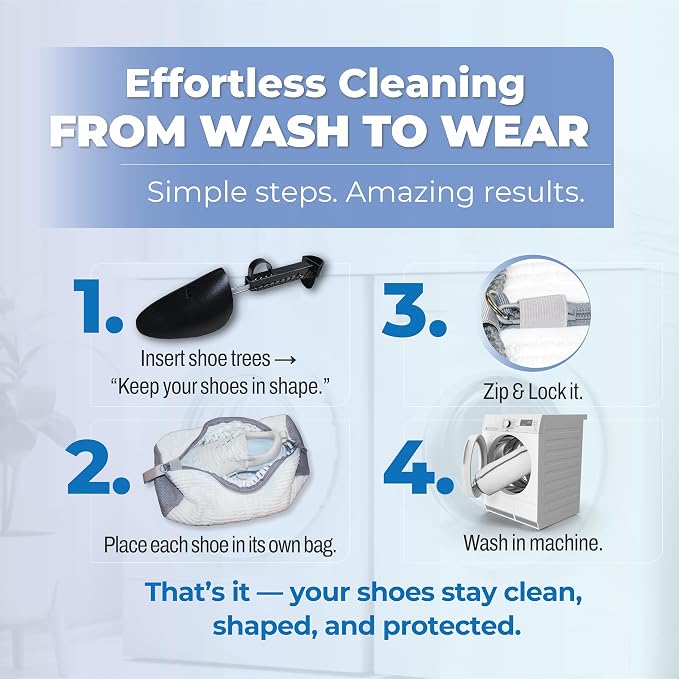 Laundry Shoe Bag 2-Pack for Washer & Dryer — Shoe Washing Machine Bag with Adjustable Shoe Trees & Door Drying Mesh — Mesh Laundry Bags for Shoes — Clean Quiet Washes, Sneaker Cleaning Bag