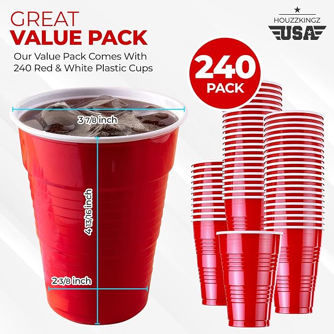 Red Plastic Disposable Cups - 18 Oz., 240 Ct. | Heavy Duty Large Party Cold Drink Plastic Cups Disposable