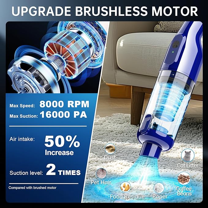 dormzie Handheld Vacuum Cordless, 16000Pa Powerful Suction, Lightweight at 1.3 lbs, Rechargeable Car Vacuum Cleaners for Home Office Car Pets with Brushless Motor, Multiple Accessories