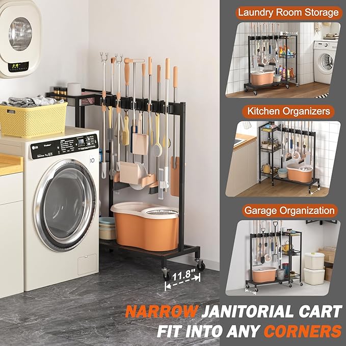 Broom and Mop Holder with Cleaning Supplies Organizer