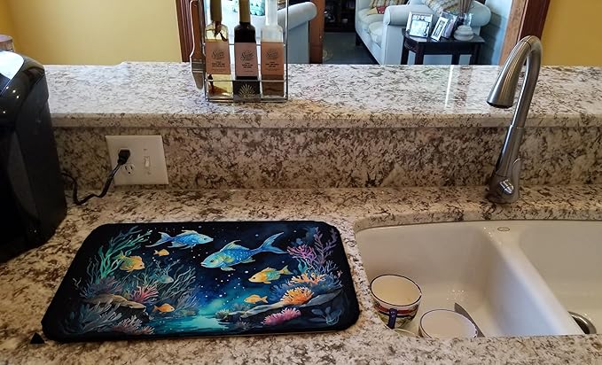Caroline's Treasures Bioluminescent Fish Dish Drying Mat Absorbent Dish Drying Mat Pad for Kitchen Counter Dish Drainer Mat for Countertop, 14 x 21", Multicolor